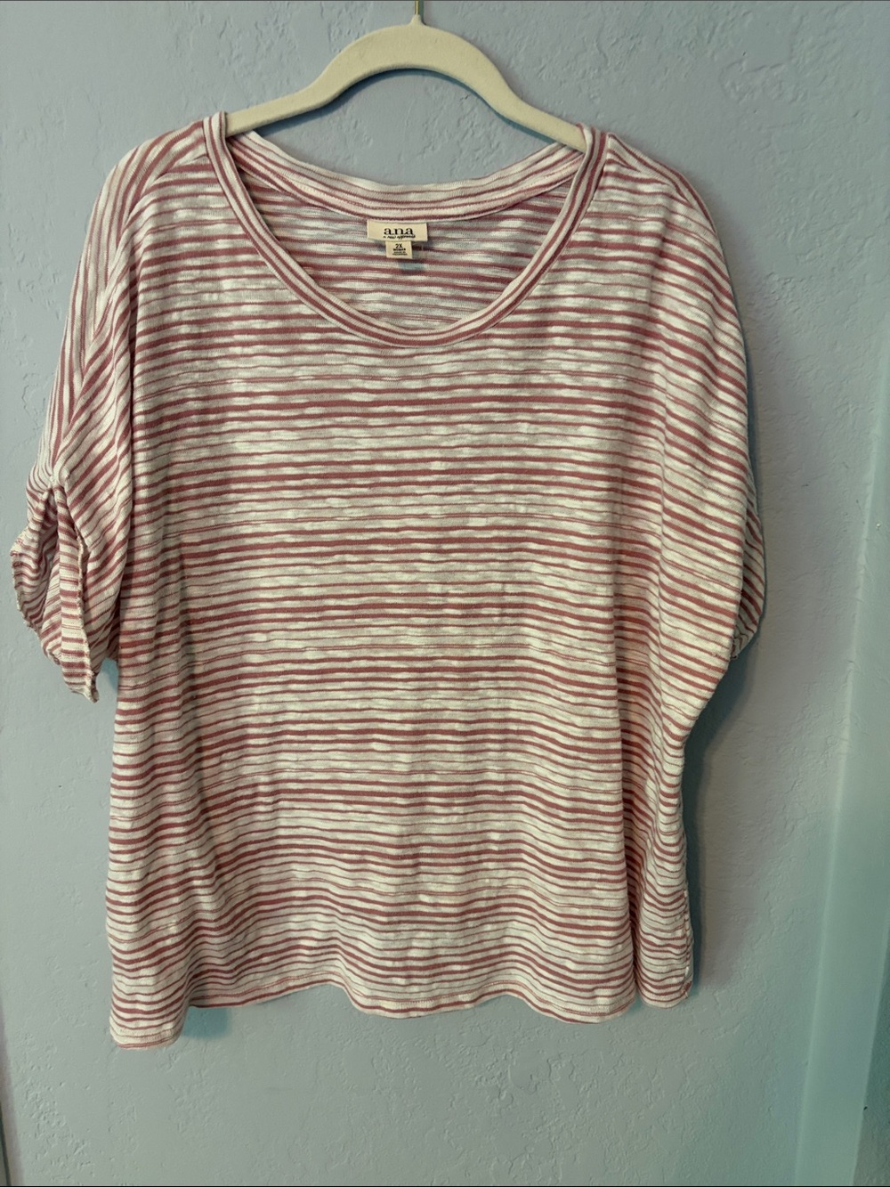 a.n.a Pink and White Striped Short-Sleeve Knit Top